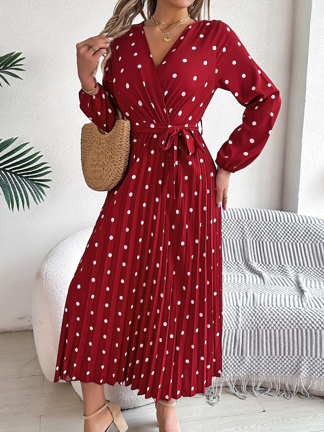 Tied Polka Dot Long Sleeve Midi Dress