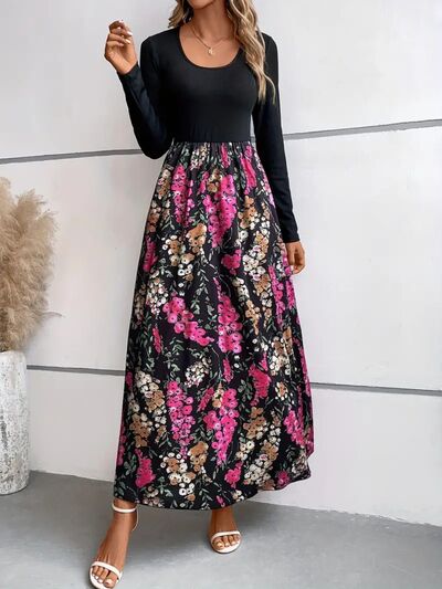 Floral Round Neck Long Sleeve Maxi Dress