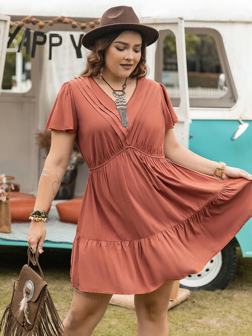 Double Take Plus Size Ruffle Hem V-Neck Short Sleeve Dress